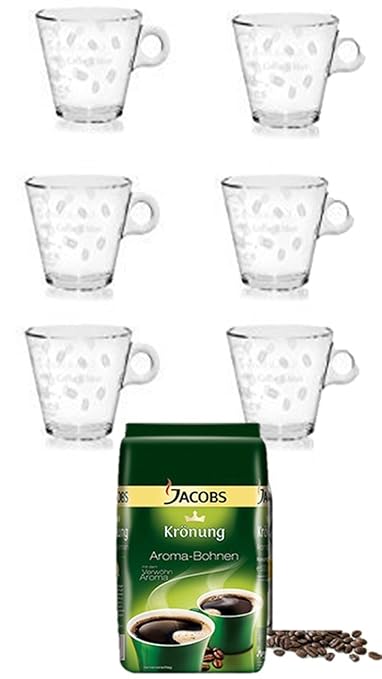 Jacobs Krönung Aroma-Bohnen, ganze Bohnen, Kaffeebohnen, 1er Pack, 1 x 500g + 6 Latte Gläser cc 260 stapelbar von James Premi