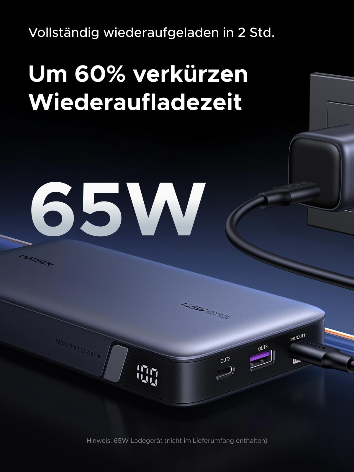 UGREEN Nexode Power Bank 145W Max 25000mAh externer Akku mit 3 Anschlüsse USB C Powerbank mit Digitales Display, kompatibel mit MacBook Pro/Air, iPhone 17 Pro Max/Pro/16/15, Galaxy S25 Ultra, Dell 5