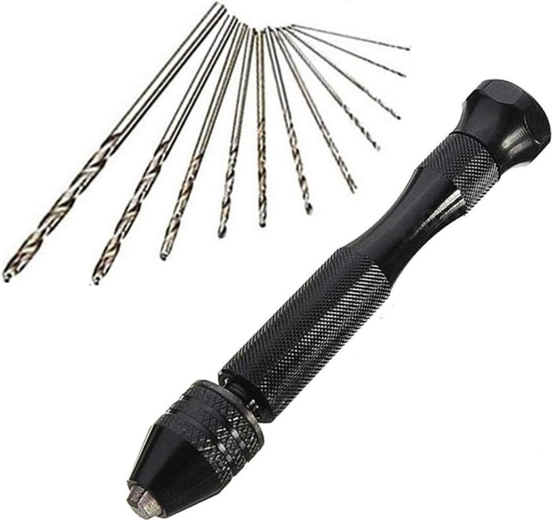 DFHM Precision Pin Vise Model Mini Micro Hand Drill Set Keyless Chuck with 11pc Twist Drill Bits for Jewellery Woodworking DIY Hobbies