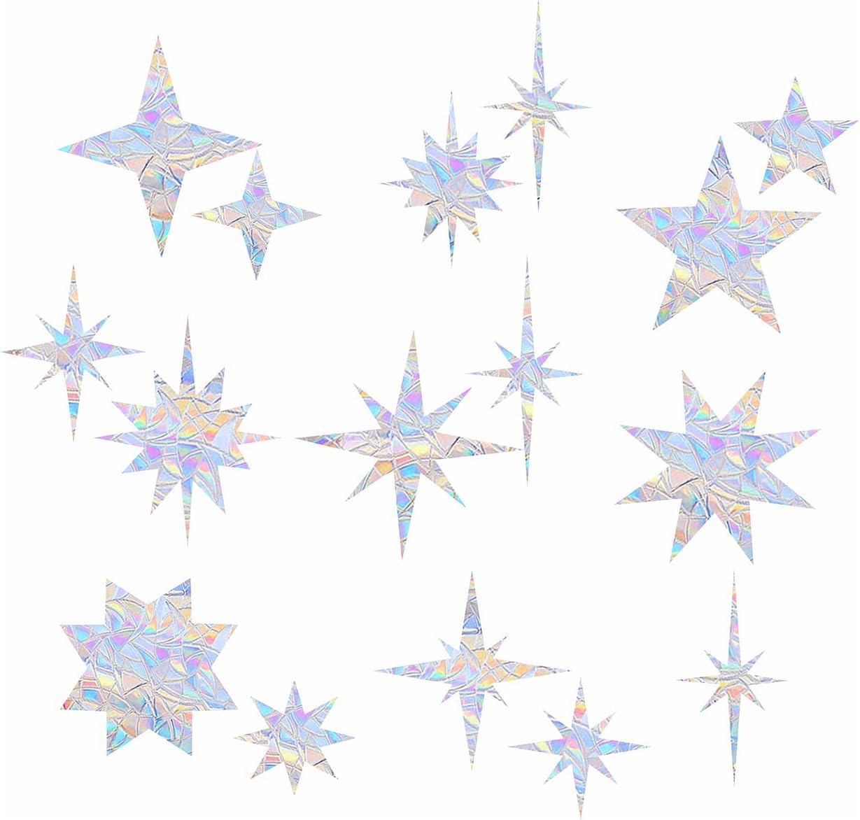 MOSITU Star Window Clings 25 Pcs 3 Sheets Static Cling Prismatic Vinyl Rainbow Decals Anti Collision for Bird Strikes Glass Windows Sun Catcher Stickers