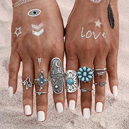 Setita 9 Pieces Turkish Arrow Turquoise Sunflower Joint Knuckle Nail Midi Ring Set Boho Ring Set
