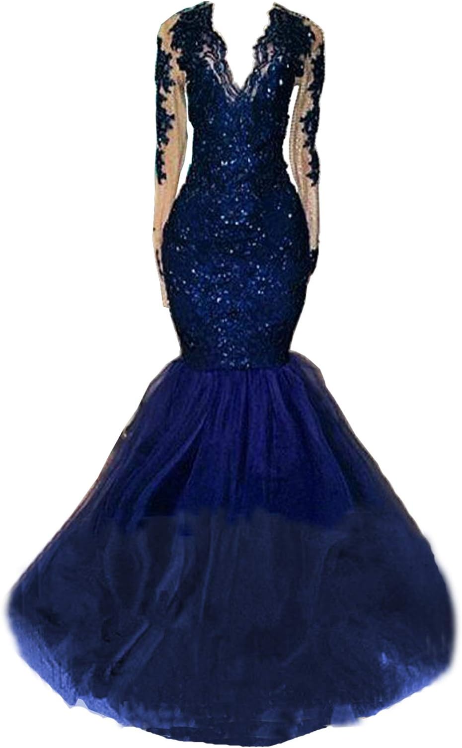 Zechun Women Mermaid Deep V Neck Long Sleeve Prom Dress Sheer Back Evening Gown