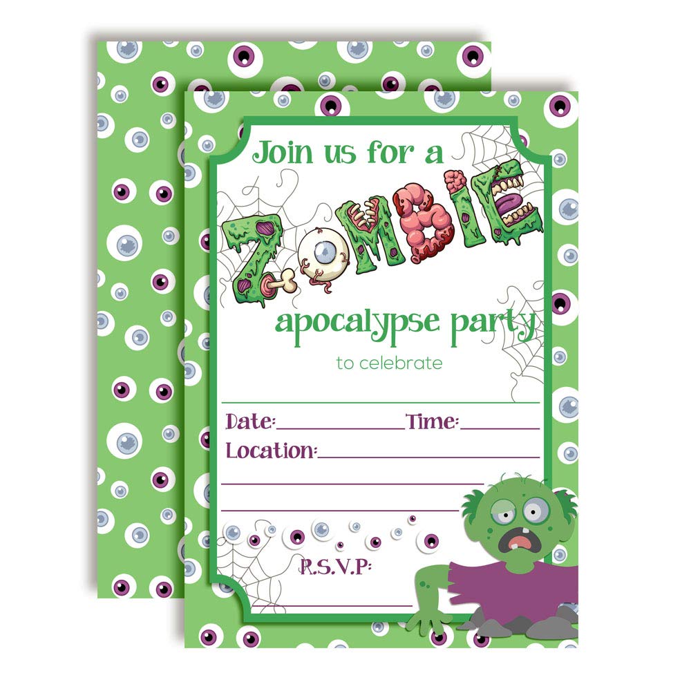 Zombie Apocalypse Halloween Birthday Party Invitations, 20 5"x7" Fill in Cards with Twenty White Envelopes by AmandaCreation