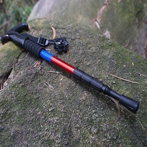 Walking Stick Trekking Pole Hiking Telescoping Ultra Strong Alpenstocks Anti Shock Mountaineering Trail With Night Flasher Warning(1 Piece)Red