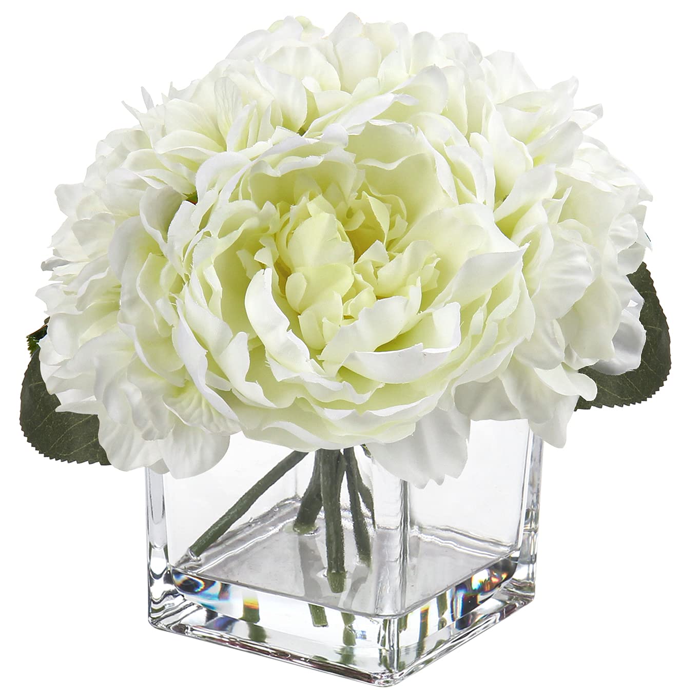 Briful Fake Flowers in Vase Silk Peony Hydrangea Flowers with Faux Water for Home Wedding Party Decoration Artificial Flowers Peony Hydrangea in Glass Pots for Table Centerpieces - White