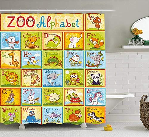 tgyew Educational Shower Curtain, Zoo Alphabet Design Colorful Style Funny Cartoon Animals Children Kids School, Fabric Bathroom Decor Set with Hooks,60 * 72inch Extra Wide, Multicolor
