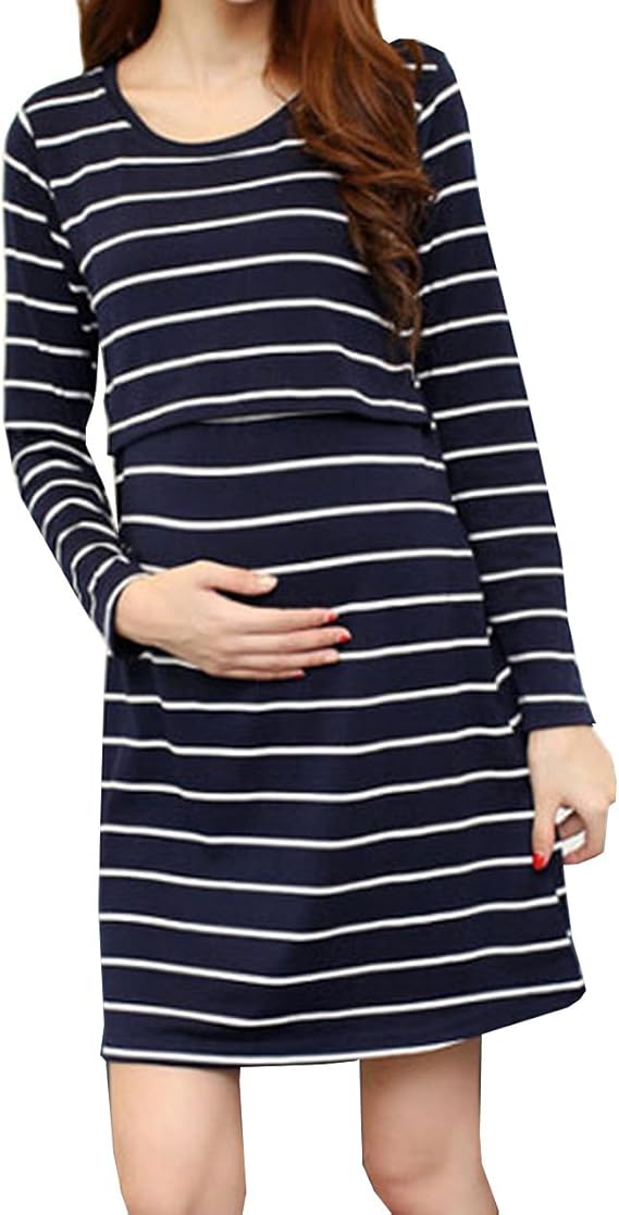 Amazon Co Jp マーシェル Marshel マタニティ ワンピース チュニック 長袖 授乳口付き 産前 産後 長く使える 妊婦服 ネイビー L 服 ファッション小物