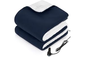 Sealy 12-Volt Heated Car Blanket with 2 USB Output Ports, 3 Heating Levels & 4 Hours Auto Off, Electric Blanket for Car, Truck, SUV, RV or Camping, Machine Washable, 59" X 43", Navy