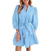 Cicy Bell Womens Puff 3/4 Sleeve Mini Dresses Bow Tie Waist V Neck Casual Trendy Ruffle Tiered Short Dress