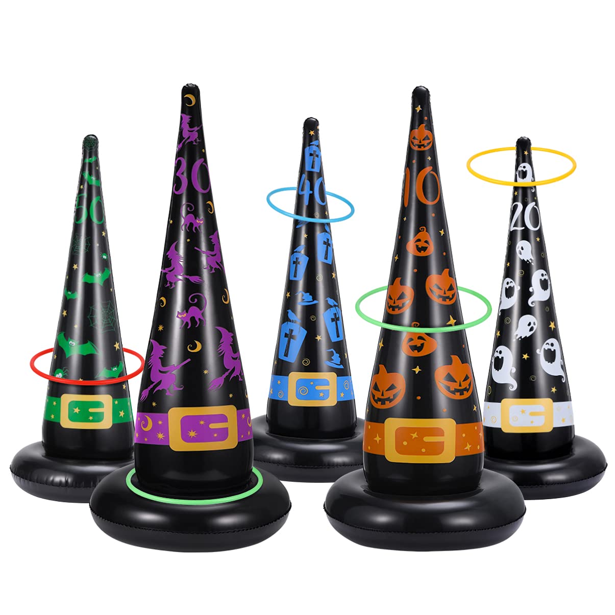 CLISPEED Ring Toss Game Set, 15 Pcs Halloween Inflatable Witch Hats Toss Game with 10 Rings in 2 Size for Kids Audlts Family School Outdoor Indoor Carnival Party Favor Halloween Toss Toys Present