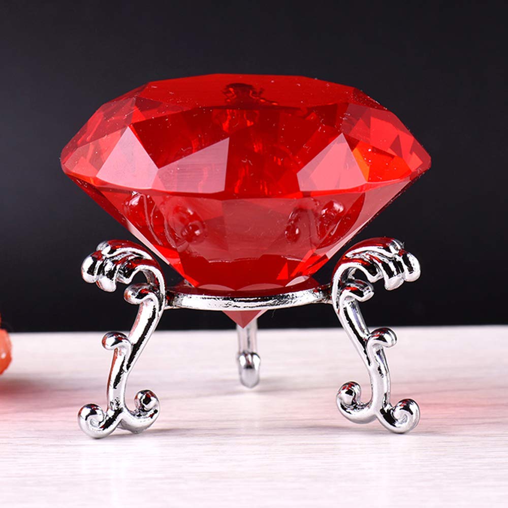 60MM(2.36") Crystal Diamond Paperweight with Metal Base Stand, Diamond Shaped Crystal Jewel Paperweight Decoration for Home Office Wedding (Red w/Metal Stand)