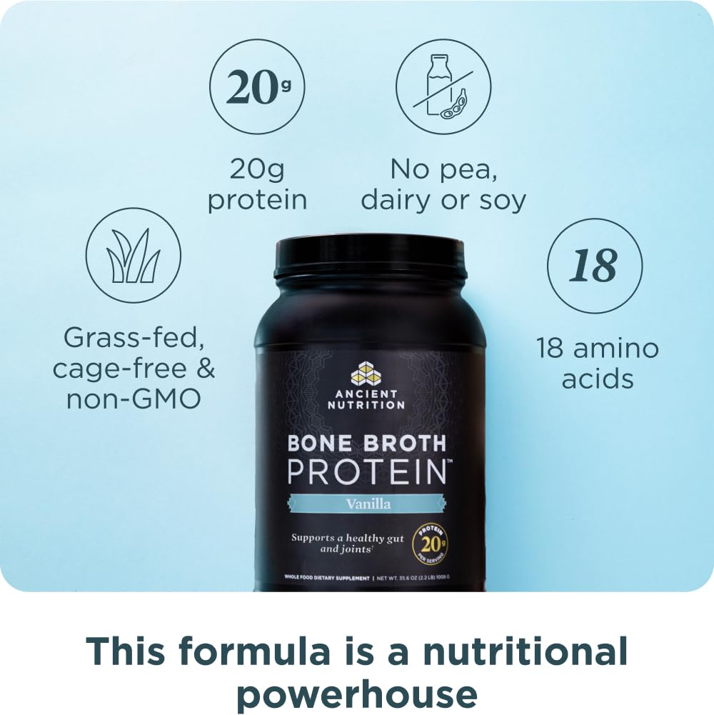 Ancient Nutrition Grass Fed, Bone Broth Protein Powder, 20g Protein, Hydrolyzed Collagen Peptides, Keto & Paleo Friendly, Supports Joint, Gut Health, Vanilla, 40 Servings