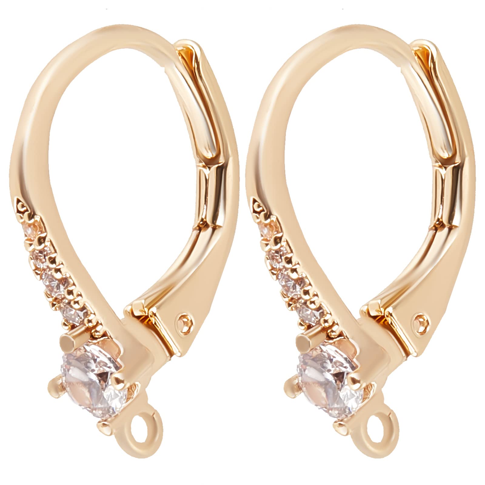Beebeecraft 1 Box 10Pcs Cubic Zirconia Leverback Hooks 18K Gold Plated Brass Rhinestone Earring Hooks Golden French Earwires Findings 17x12mm for DIY Women Earring Making — image 1