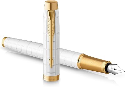 Parker IM Fountain Pen Premium Pearl Lacquer Gold Trim Fine Point Blue Ink