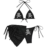 WDIRARA Women's Skull Rhinestone Triangle Halter Tie 3 Piece Metallic Swimsuit and Wrap Skirt