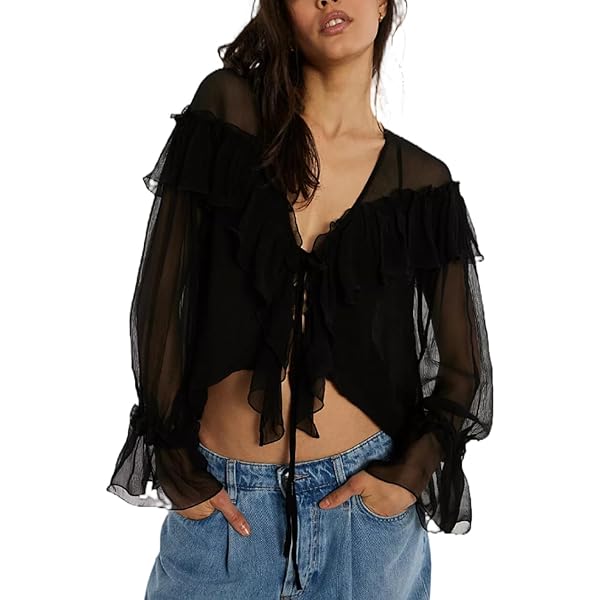 Womens Flowy Bow Front Tie Top Long Sleeve Peplum Lace Trim