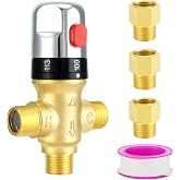 QWORK Thermostatic Mixing Valve, Solid Brass Pipe Water Valve with Temperature Control - 1/2 NPT Male Connections - Includes 3 Adapters, for Wash Basins, Showers, Kitchens