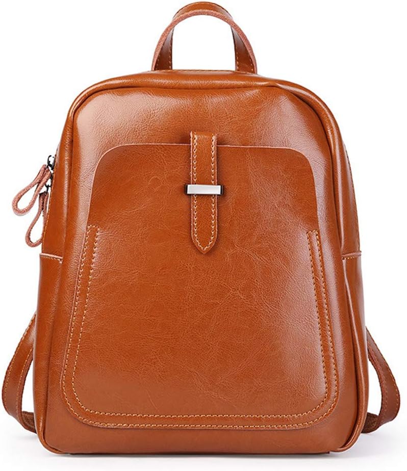 Classic Genuine Oil Wax Cowhide Cow Leather Women Girls Real Leather Backpack Brown