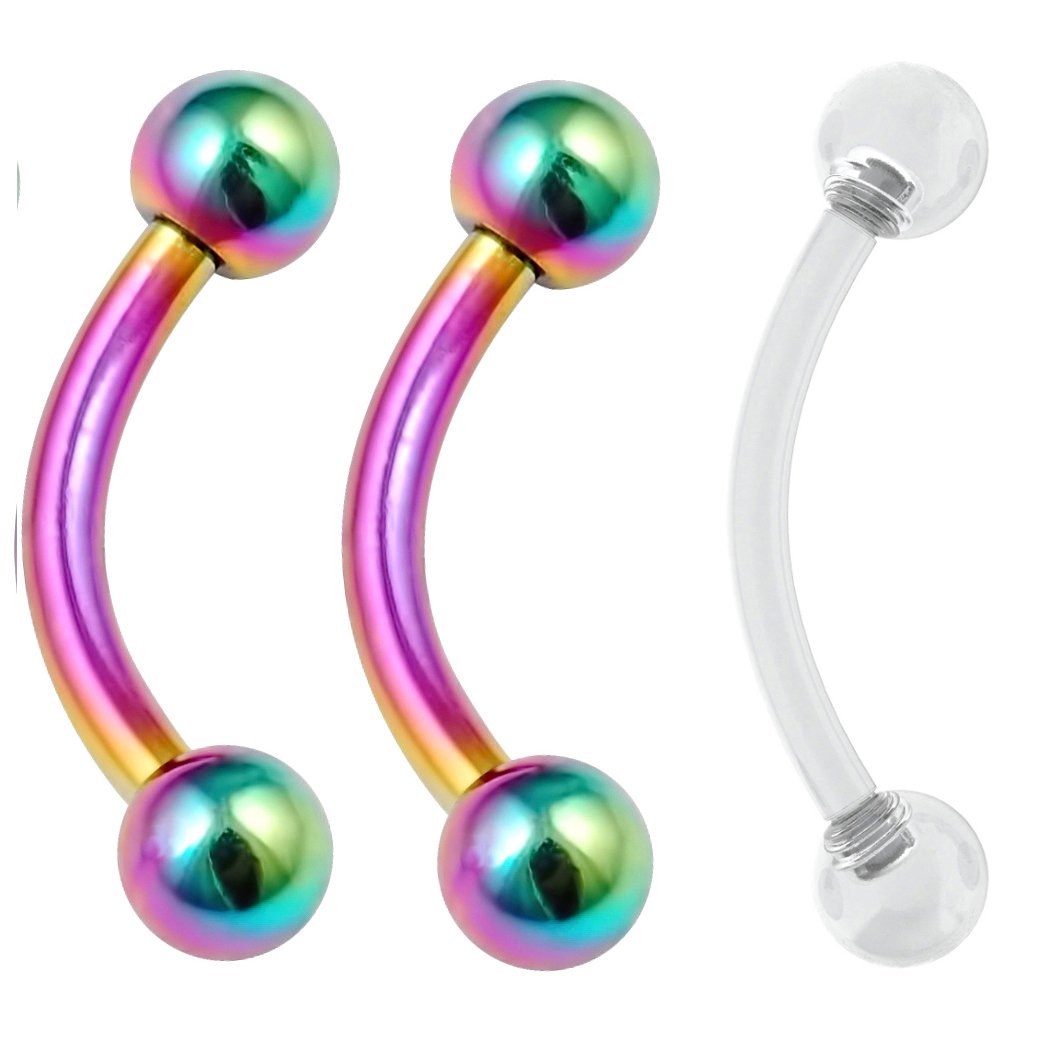 2pc Curved J-Curve Barbell 16g 1.2mm Rainbow Vertical Labret Bar Lip Industrial Bar Earrings Nipple 8mm - Clear Retainer Keeper