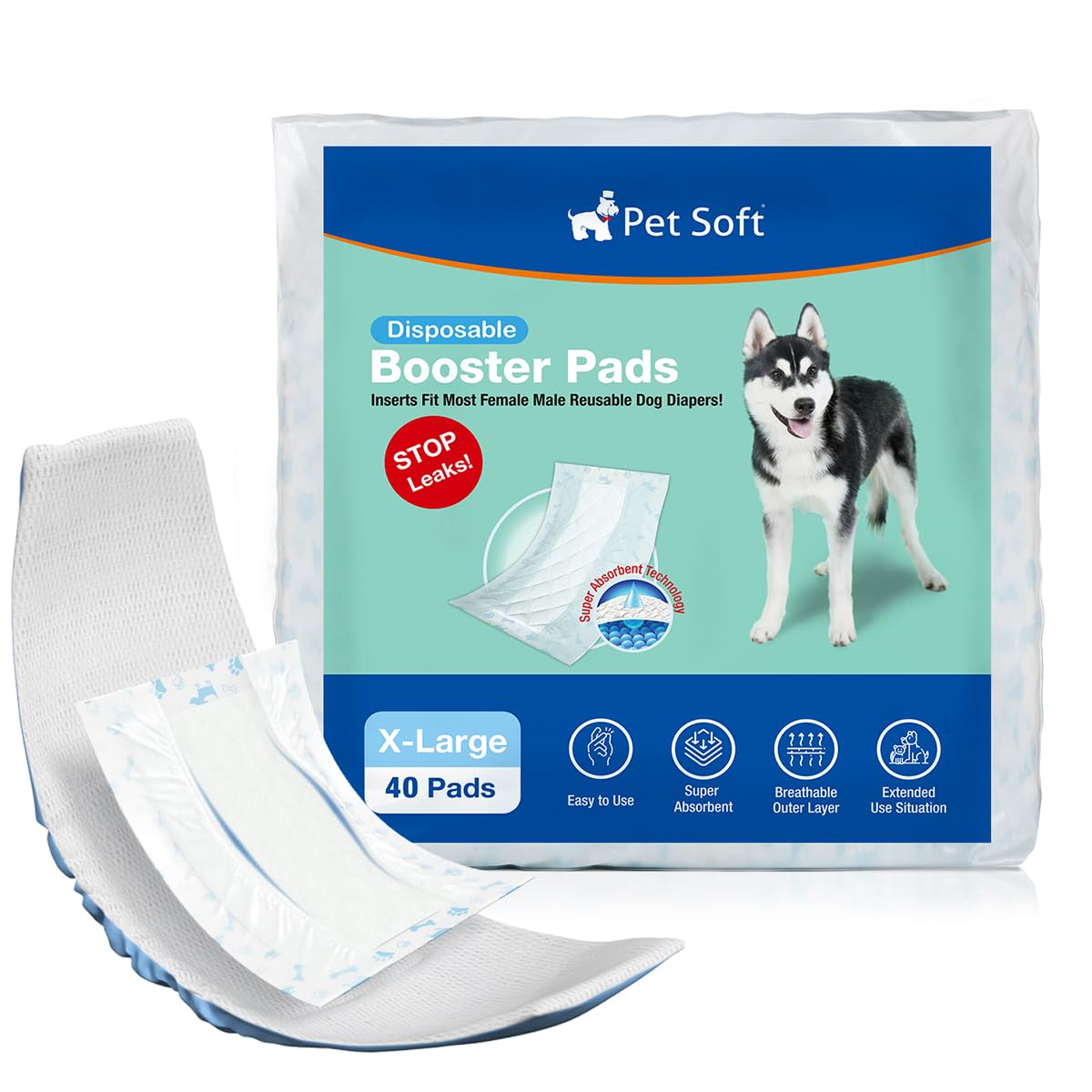Pet Soft Dog Diaper Liners, 40ct Disposable Dog Nappy Liners for Male Female Dogs with Side Leak-Proof Protection, Period Absorbent Dog Inserts Booster Pads for Dog Nappies (XL-40)
