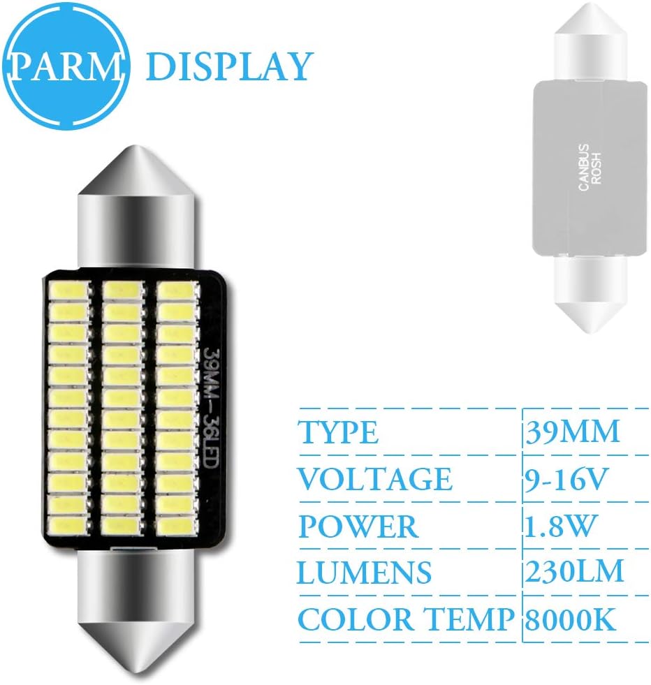 Grandview 4pcs 39MM C5W Canbus White Festoon Interior LED Bulbs with 36-3014-SMD Chips 6411 6413 6418 C5W LED Bulbs for Car Interior Dome Map Door Courtesy License Plate Lights - Image 4