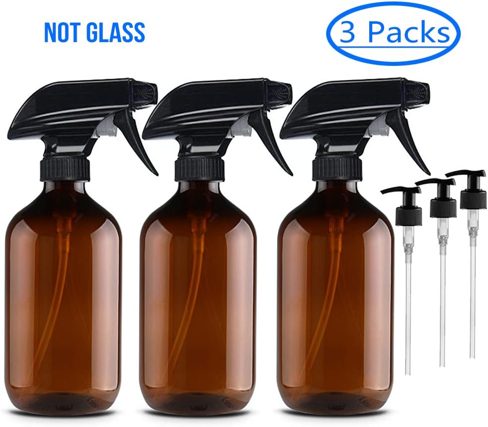 Empty Amber Clear Spray Bottles with Labels (3 Pack) - 16oz Refillable Container for Essential Oils, Cleaning Solutions, Misting Plants - with Trigger Sprayers and Lotion Pumps Leak Proof Technology