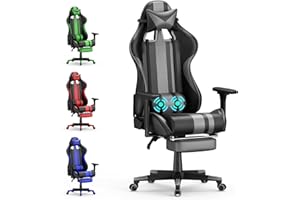 Soontrans Grey Gaming Chair with Footrest, Leather Ergonomic Gaming Chairs for Adults with Massage Lumbar Support & Headrest for Office Work, Comfortable Computer Chair