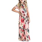 Fashspo Girl's Maxi Dress Floral Short Sleeve Dresses with Pockets Elastic Waist Holiday Casual Dress for Girls 2-10 Years