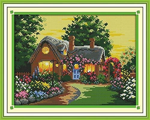 Happy Forever Cross Stitch Kits 11CT Stamped Patterns for Kids and Adults, Preprinted Embroidery kit for Beginner, Scenery View and Landscape 2 (F324 Suburban House, Size 16''x13'')