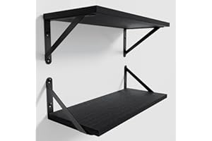 COCOYA Wall Shelves 7.3" Deep Set of 2, Solid Paulownia Wood Wider Longer Sturdy Easy to Install Wall Mounted Bookshelves Storage Shelves Bathroom Home Office Laundry Room Bedroom Organizer Black