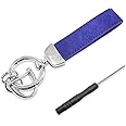 Kewucn Genuine Leather Car Keychain, Universal Heavy Duty Metal Auto Key Fob Holder with Anti Lost D-Ring for Men Women （Silver-Navy Blue）