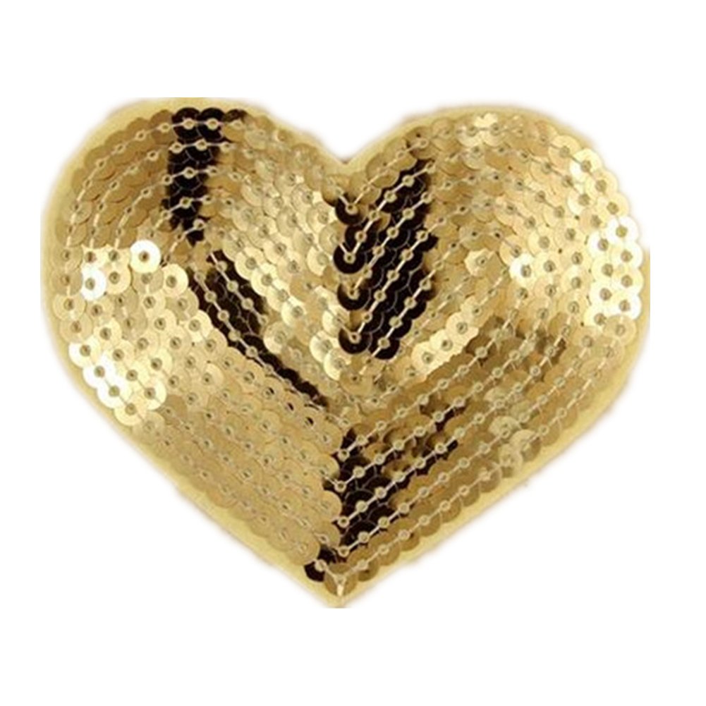 (Pack of 5) Heart Shaped Sequin Iron on Patches Embroidered Sew Appliques for DIY Outfit Pants T-Shirt(Gold)
