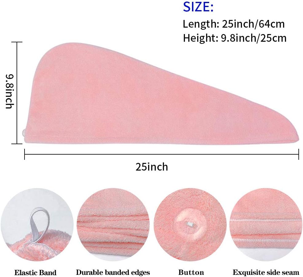 Microfiber Hair Towel with Button - pocova Original Magic Instant Hair Dry Wrap for Women Rapid Drying Hair Turban, 3 Pack Hair Care Cap for a Bath 3 Color (Blue Pink and Grey): Kitchen & Dining