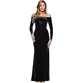 Xscape Womens Velvet Off The Shoulder Ruched Waist Floor Length Dress