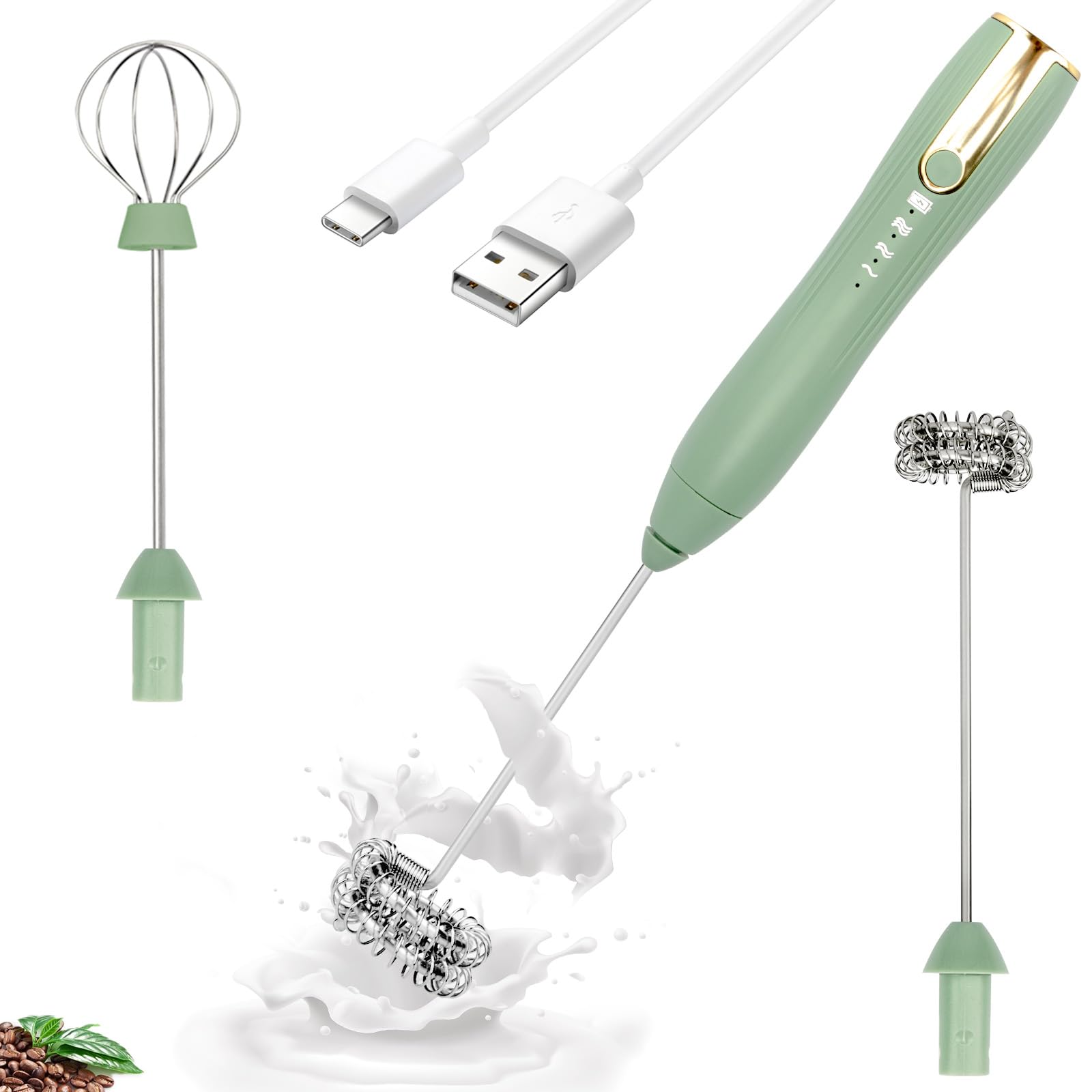 TonJin Double Whisk Milk Frother Handheld USB-C Rechargeable Electric Drink Mixer Green,3 Speeds Adjustable Coffee Foamer Drink Whisk for Lattes, Matcha, Hot Chocolate, Egg, Matcha