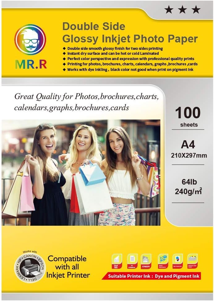 MR.R High Glossy Inkjet Photo Paper A4 210 x 297mm 240 GSM 100 Sheets for Inkjet Printers, white, A4 x 100 sheets