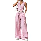 Milumia Women's 2 Pcs Outfits Striped V Neck Button Blazer Vest Pants Tracksuit