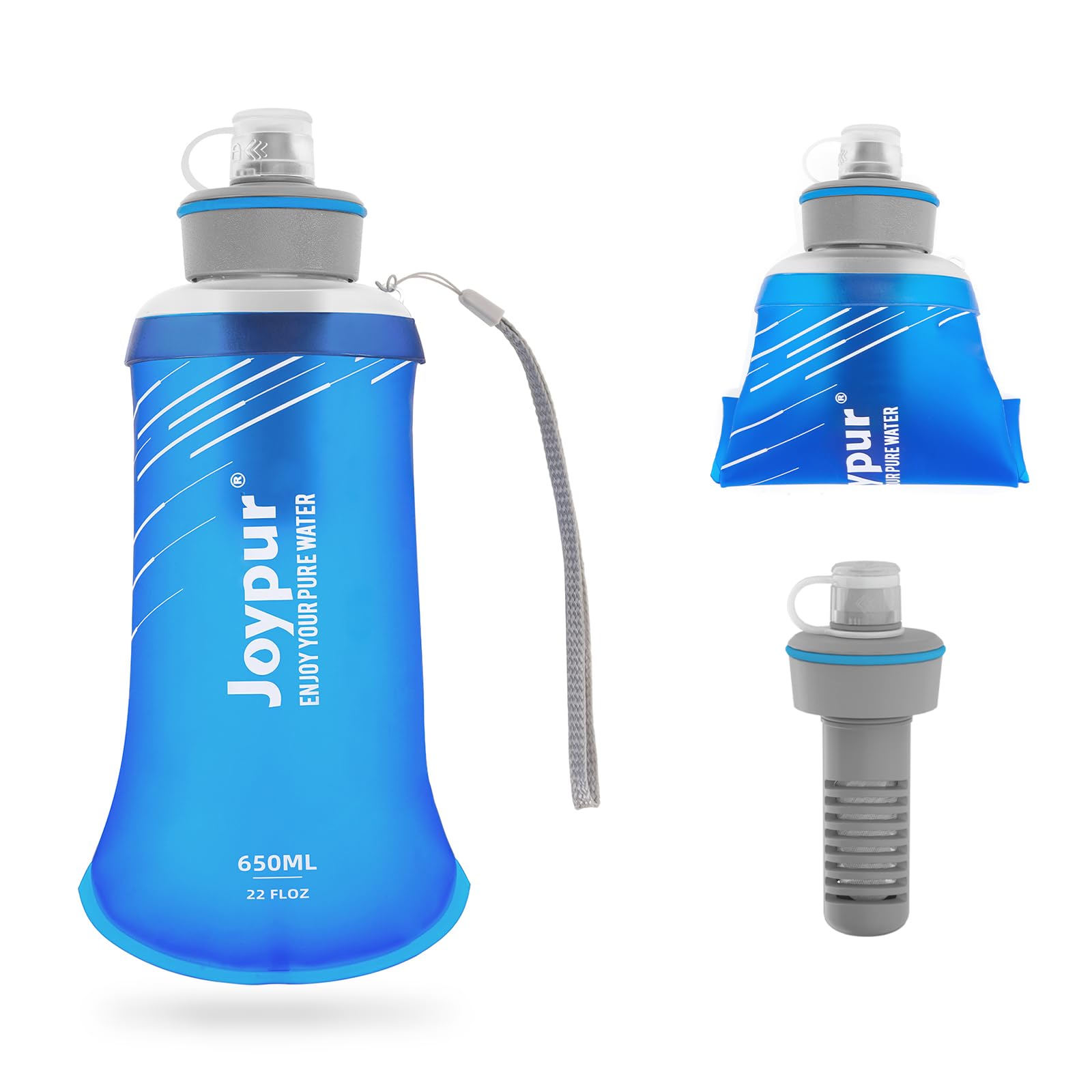 joypur Wasserfilter Flasche 650 ml mit Aktivkohle & Ultrafiltration – 3-Stufen Outdoor Wasserfilter für Trinkwasser, BPA-frei, faltbare Trinkflasche für Camping, Wandern, Notfallvorsorge (Blau)