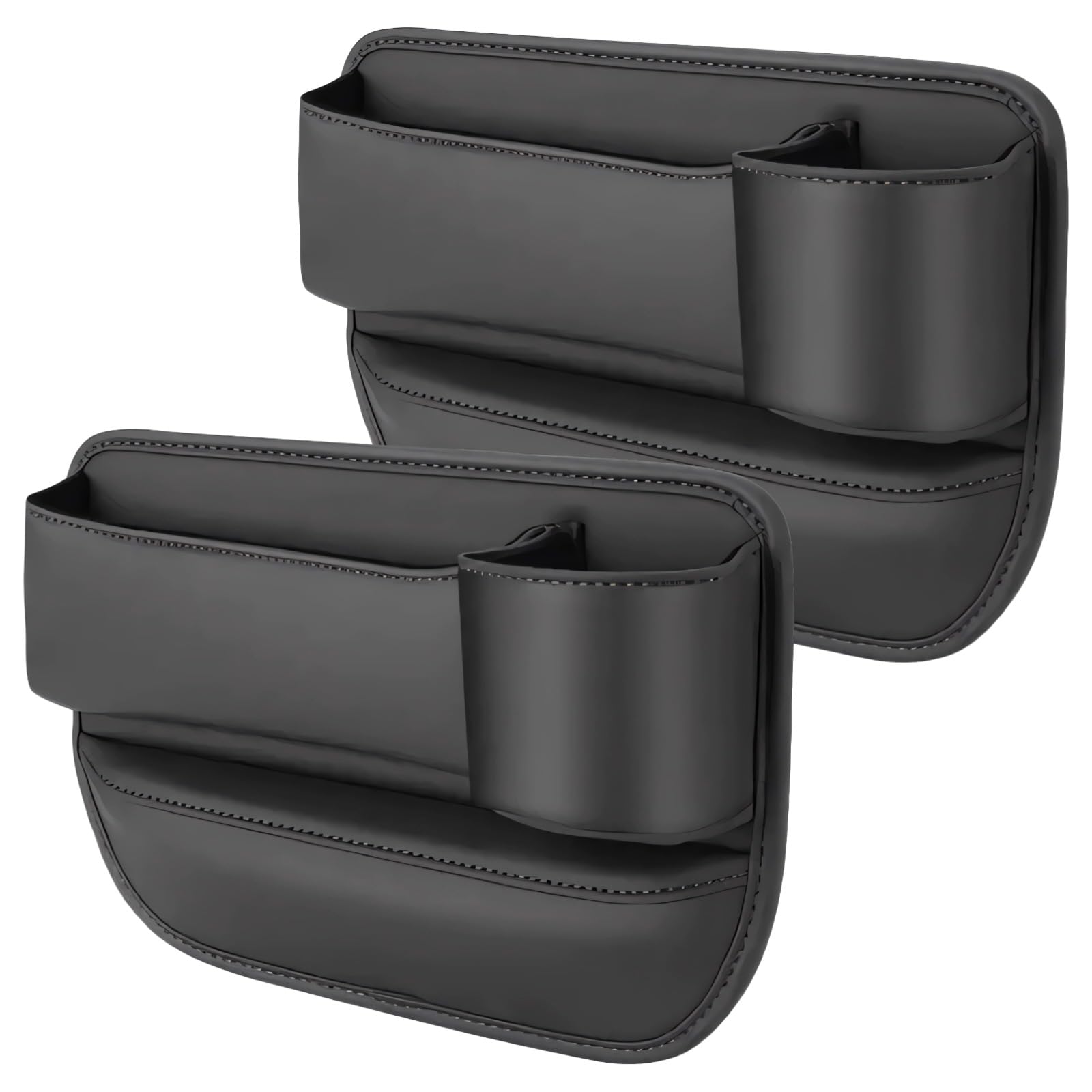 Photo 1 of 2 Pcs Car Seat Gap Organizer with Cup Holder, PU Leather Car Gap Filler Organizer for Front and Passenger Seat, Increases Storage Space, Dual Layer Design, Black Color