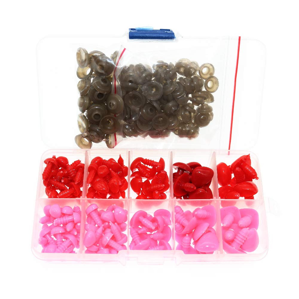 BITEYI Plastic Colorful Safety Smooth Noses with Washers,130 Pcs 8-16mm DIY Craft Noses for Making Doll,Puppet,Plush Animal Works (RedPink)