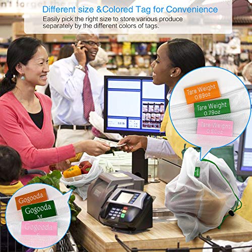 GOGOODA 15 Pcs Premium Reusable Produce Bags, 3 Size Lightweight Washable See Through Mesh Shopping Merchandise Bags with Drawstring, Toggle Tare Weight Color Tag (3 Large 9 Medium &3 Small), White