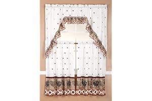 Diamond Home Linens 3PC Printed Kitchen Curtain Tiers and Swag Valance 36" Long Set (Brown/Rooster)