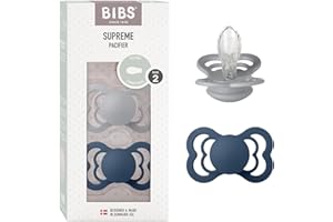 BIBS Supreme Baby Pacifier 2-Pack | Made in Denmark | BPA Free Dummy Soother, Symmetrical Nipple. Silicone, Size 2 (6-18 Months), Cloud/Steel Blue