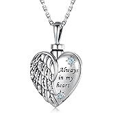 Sterling Silver Angel Wing Heart Urn Pendant Necklace For Ashes - A piece of my heart is in heaven Memorial Keepsake Cremation Jewelry