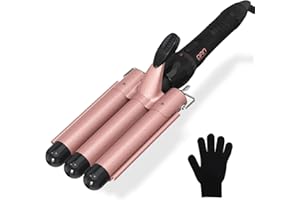 DAN Technology 3 Barrel Curling Iron Hair Crimper for Women, Dual Voltage Hair Waver Adjustable Temperature, Ceramic 1 inch Curler Wand, Rose Gold