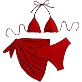 RoseSeek Women's 3 Piece Bikini String Triangle Swimsuits with Cover Up Skirt Halter Bathing Suits