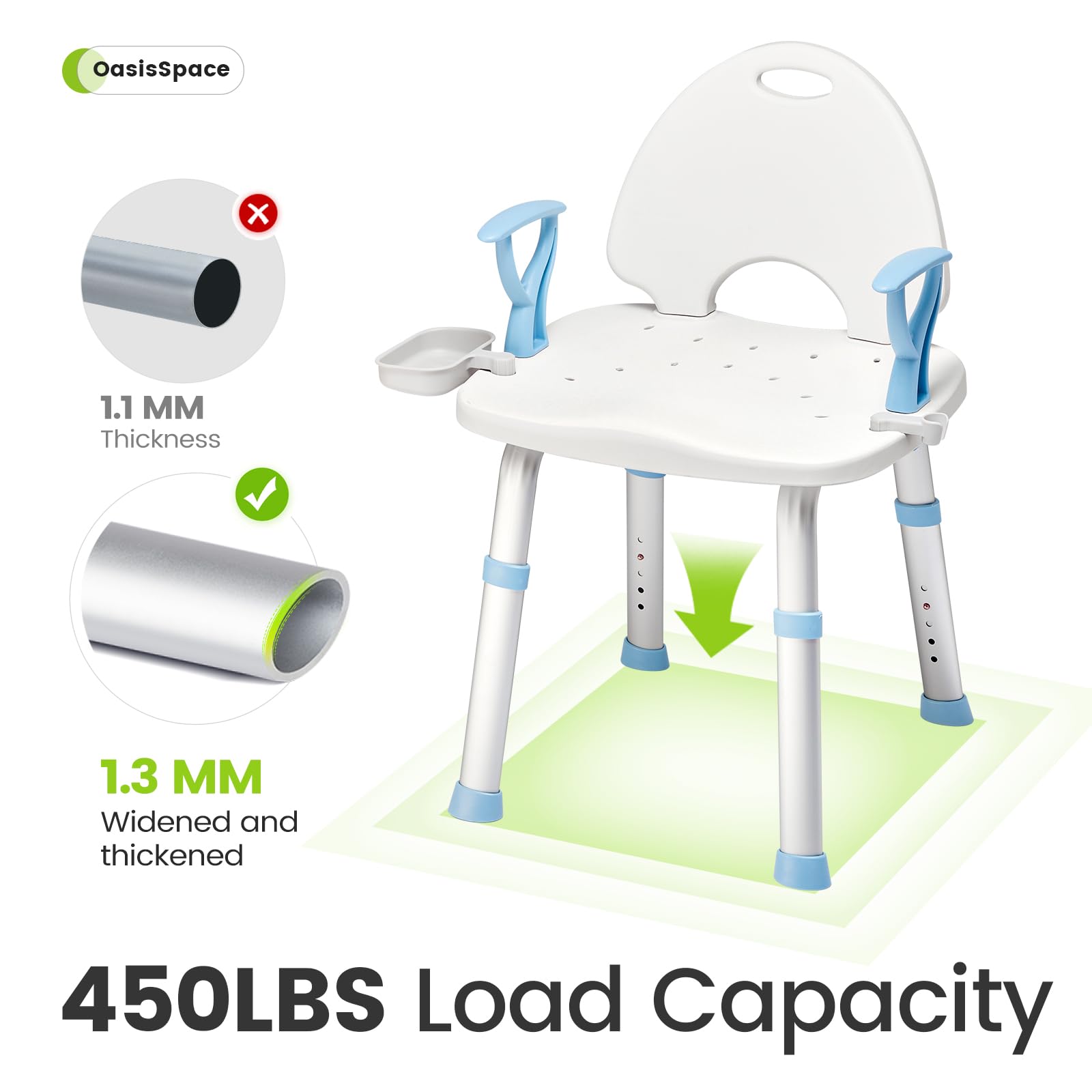 OasisSpace Shower Chair for Inside Shower - 450lbs Heavy Duty Bathroom Shower Chair with Back and Arms, Wide Seat Shower Stool with Handles, Adjustable Handicap Shower Seat for Senior and Disabled