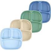 Re-Play Toddler Plates with Dividers - Deep-Walled 3 Compartments Divided Plates for Kids - Dishwasher & Microwave Safe - Made in USA - Set of 4-7.37" x 7.37" x 1.25" - Meadow