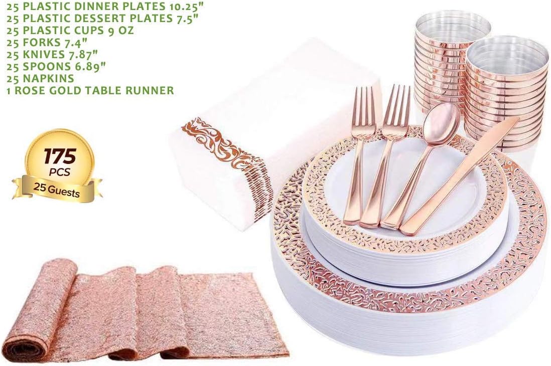 Rose Gold Silverware Set and Rose Gold Table Runner - Disposable Plates - Dinnerware Set - Reusable Plastic Plate Set - Plastic Silverware
