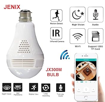 Jenix 3MP Night Vision Bulb Camera 360 Degree View WiFi Spy Camera with Motion Detection & 2Way Talking for Remote Home Security System Hidden Camera in Bulb JX300M